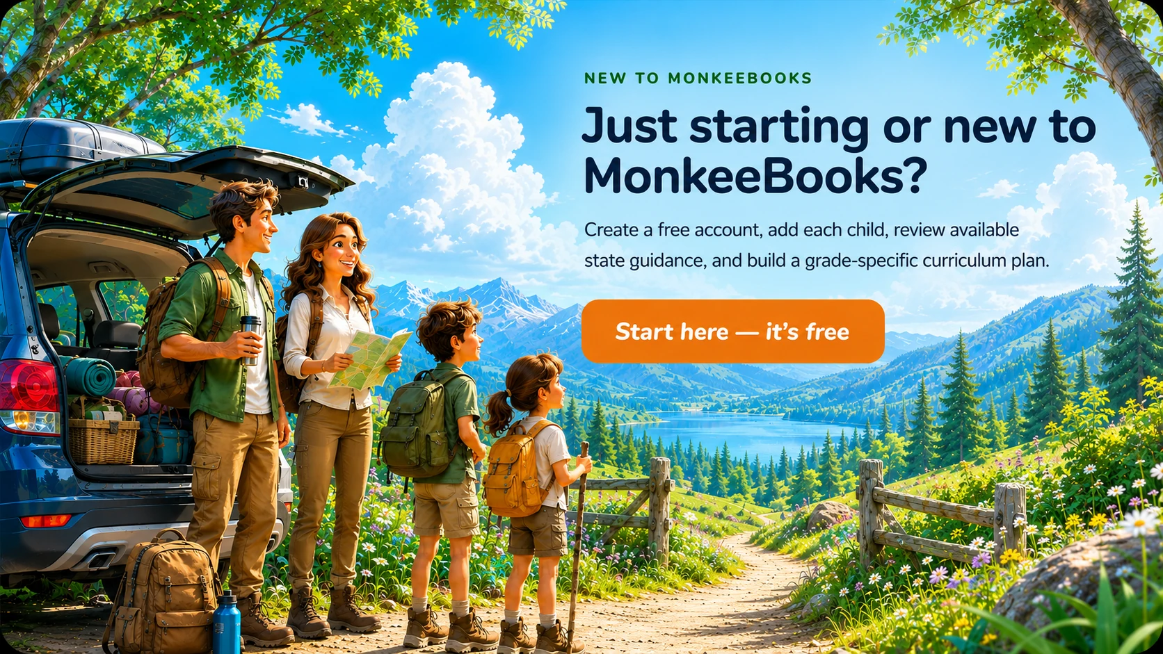 A family beginning a new MonkeeBooks journey beside a mountain lake